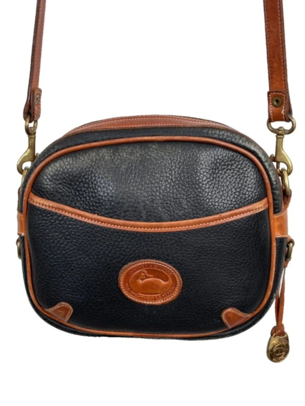 Vintage Dooney Bourke Navy Tan AWL Leather Oval Camera Crossbody Bag Brass Fob